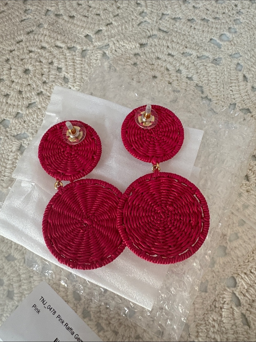 Tuckernuck NWT Raffia Gemstone Drop Earrings Pink Statement Embellished - Picture 6 of 6